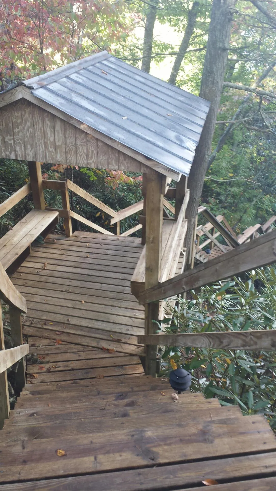 Metal roofed shelter over wooden steps on a wooded walkway — Skylight Repair & Installation work by our crew in Valley Grove